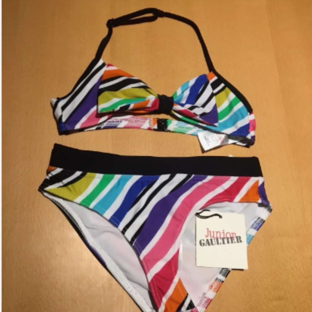 Cute Junior Gaultier™ 2 Pc With Bow Striped Girls Bikini Swimsuit $97 NWT Sz 8
